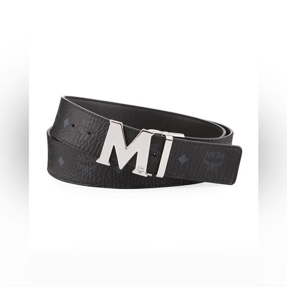 MCM Claus Reversible Visetos/Saffiano Belt Black with Silver Buckle NEW - Picture 1 of 9